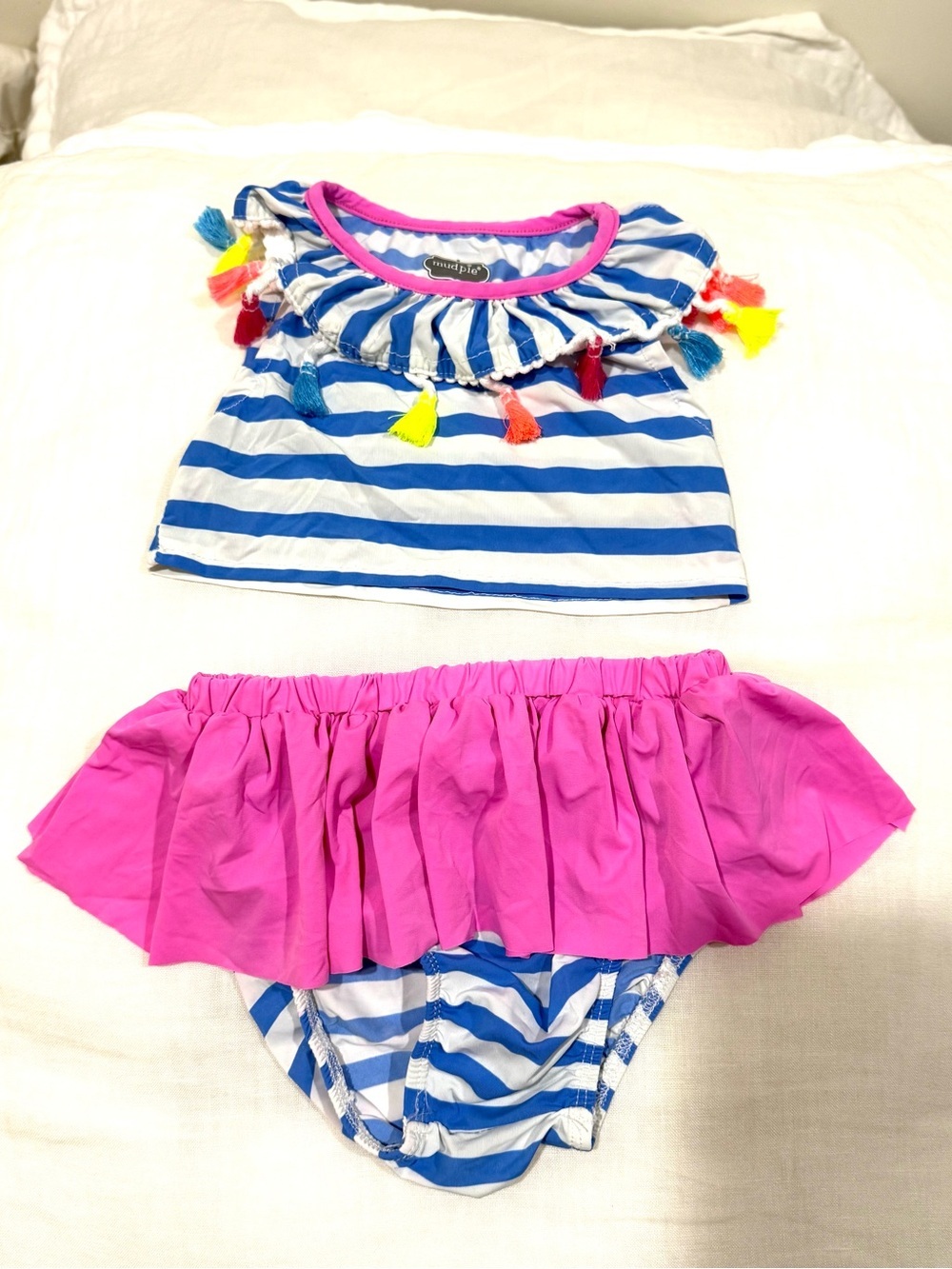 Mud Pie Blue & White Striped Top with Pink Ruffle Bottom